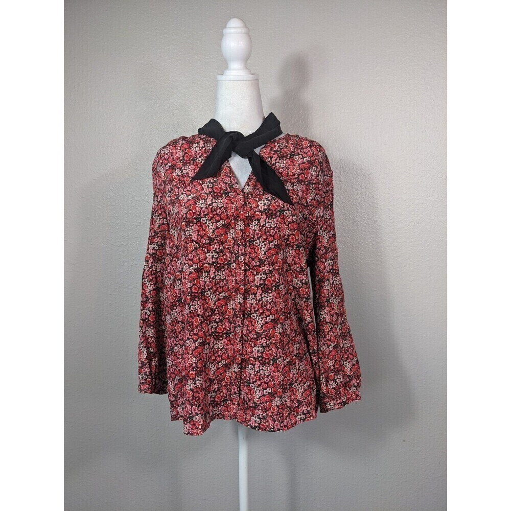 Joie Women's 100% Silk Blouse Red Black Floral S Removable Scarf Tie N36‎